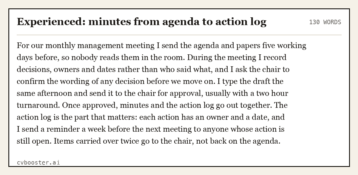 Complete Experienced: minutes from agenda to action log example, 130 words, laid out as it would sit in the application form