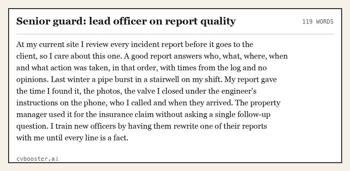 Complete Senior guard: lead officer on report quality example, 119 words, laid out as it would sit in the application form