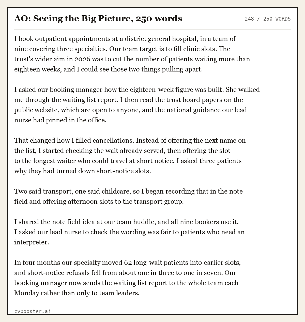 Complete AO: Seeing the Big Picture example, 248 words, laid out as it would sit in the application form