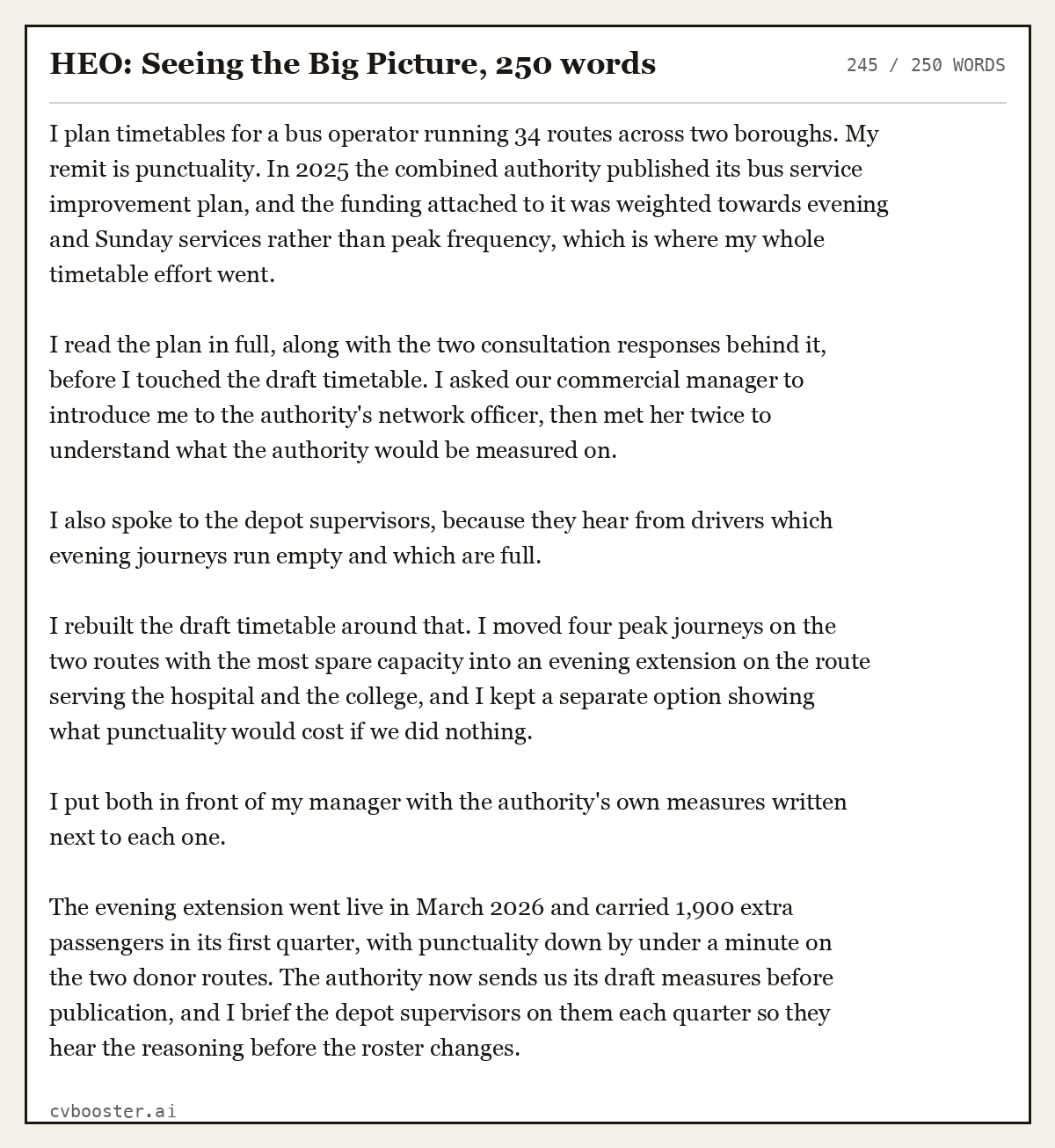 Complete HEO: Seeing the Big Picture example, 245 words, laid out as it would sit in the application form