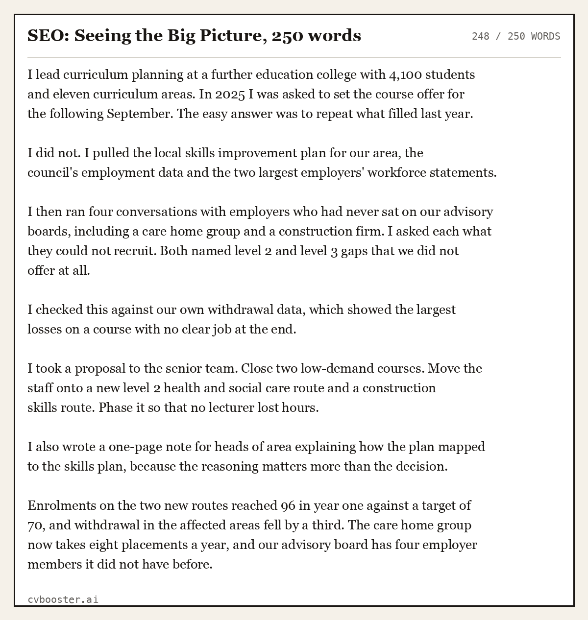 Complete SEO: Seeing the Big Picture example, 248 words, laid out as it would sit in the application form