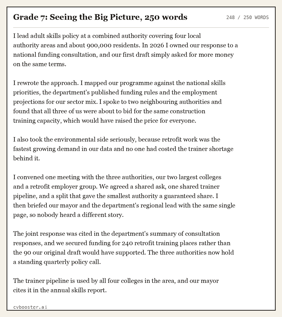 Complete Grade 7: Seeing the Big Picture example, 248 words, laid out as it would sit in the application form