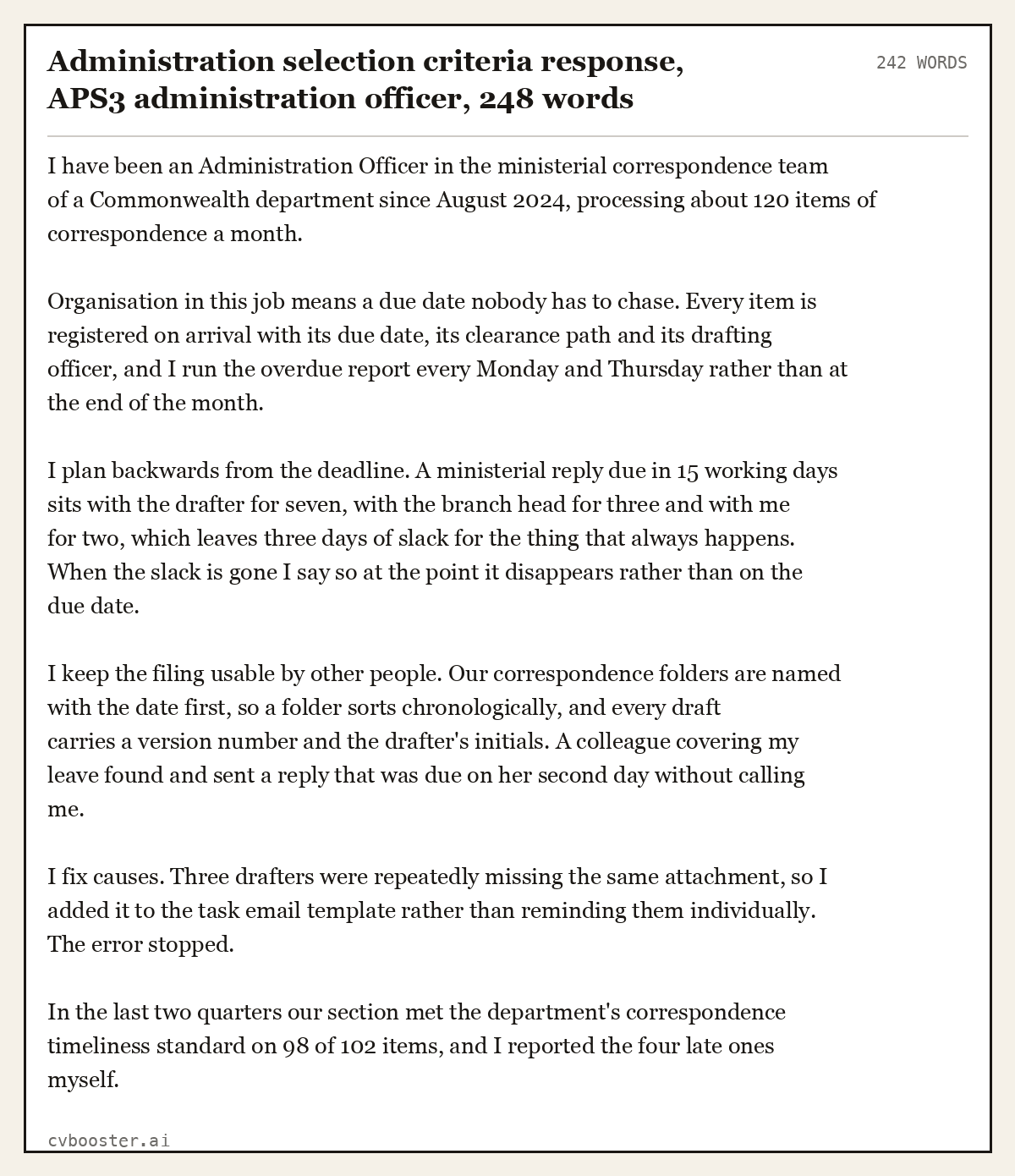 Complete Administration selection criteria response, APS3 administration officer example, 242 words, laid out as it would sit in the application form
