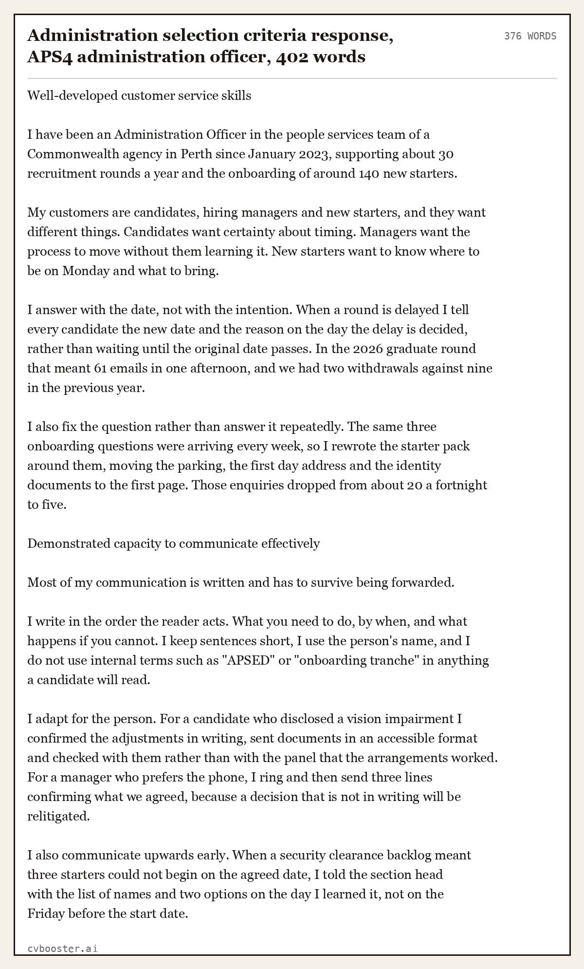 Complete Administration selection criteria response, APS4 administration officer example, 376 words, laid out as it would sit in the application form