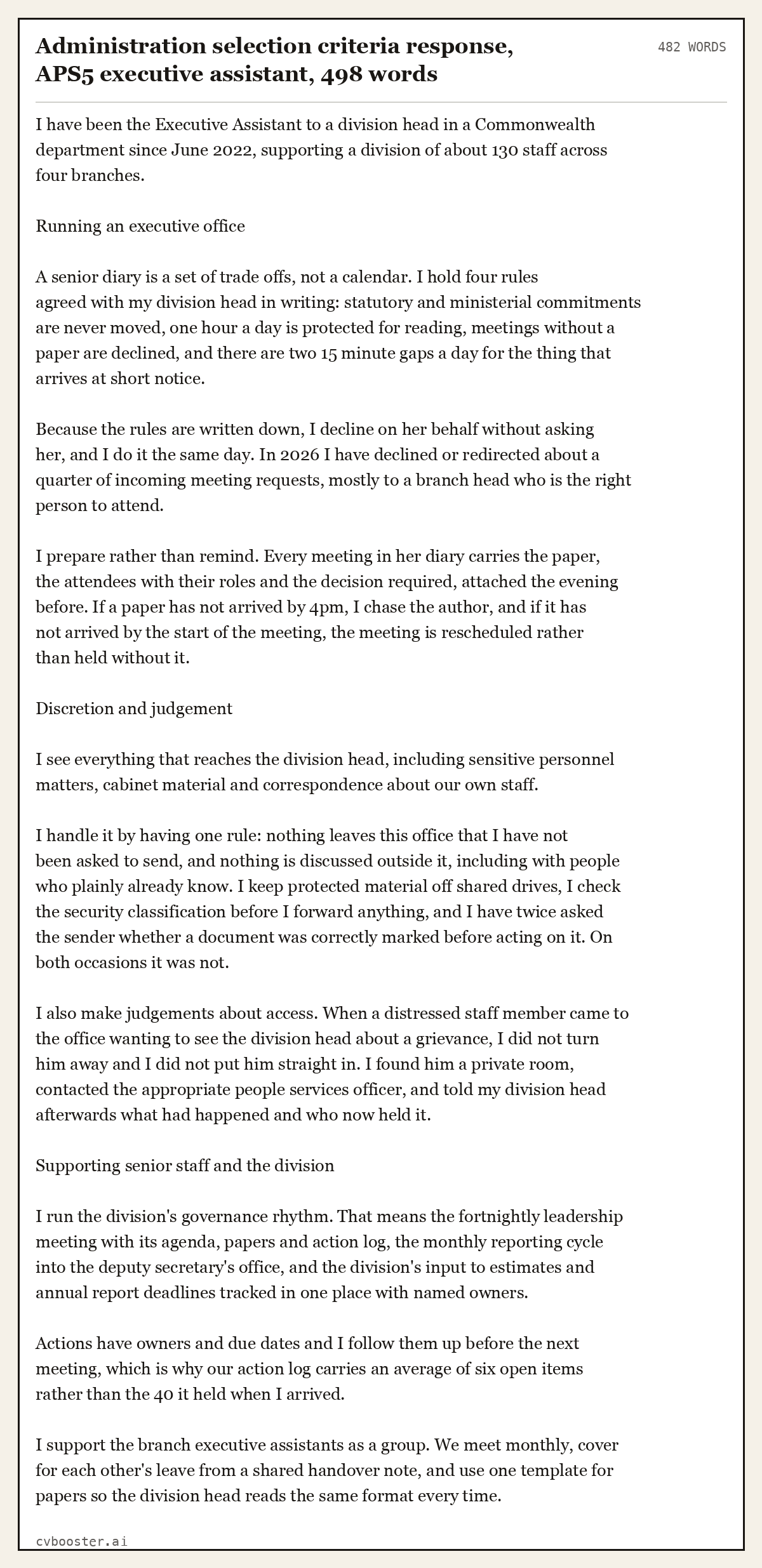 Complete Administration selection criteria response, APS5 executive assistant example, 482 words, laid out as it would sit in the application form