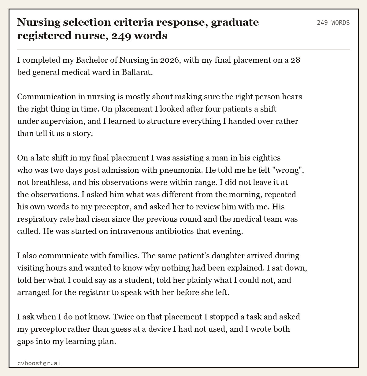 Complete Nursing selection criteria response, graduate registered nurse example, 249 words, laid out as it would sit in the application form