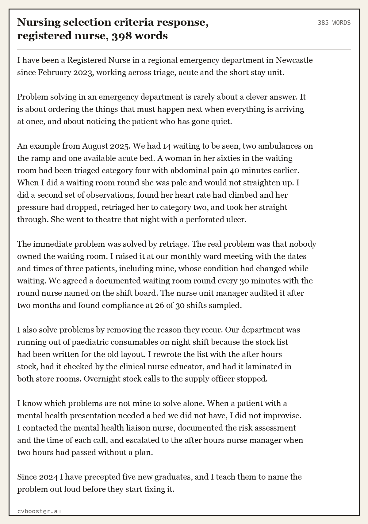 Complete Nursing selection criteria response, registered nurse example, 385 words, laid out as it would sit in the application form