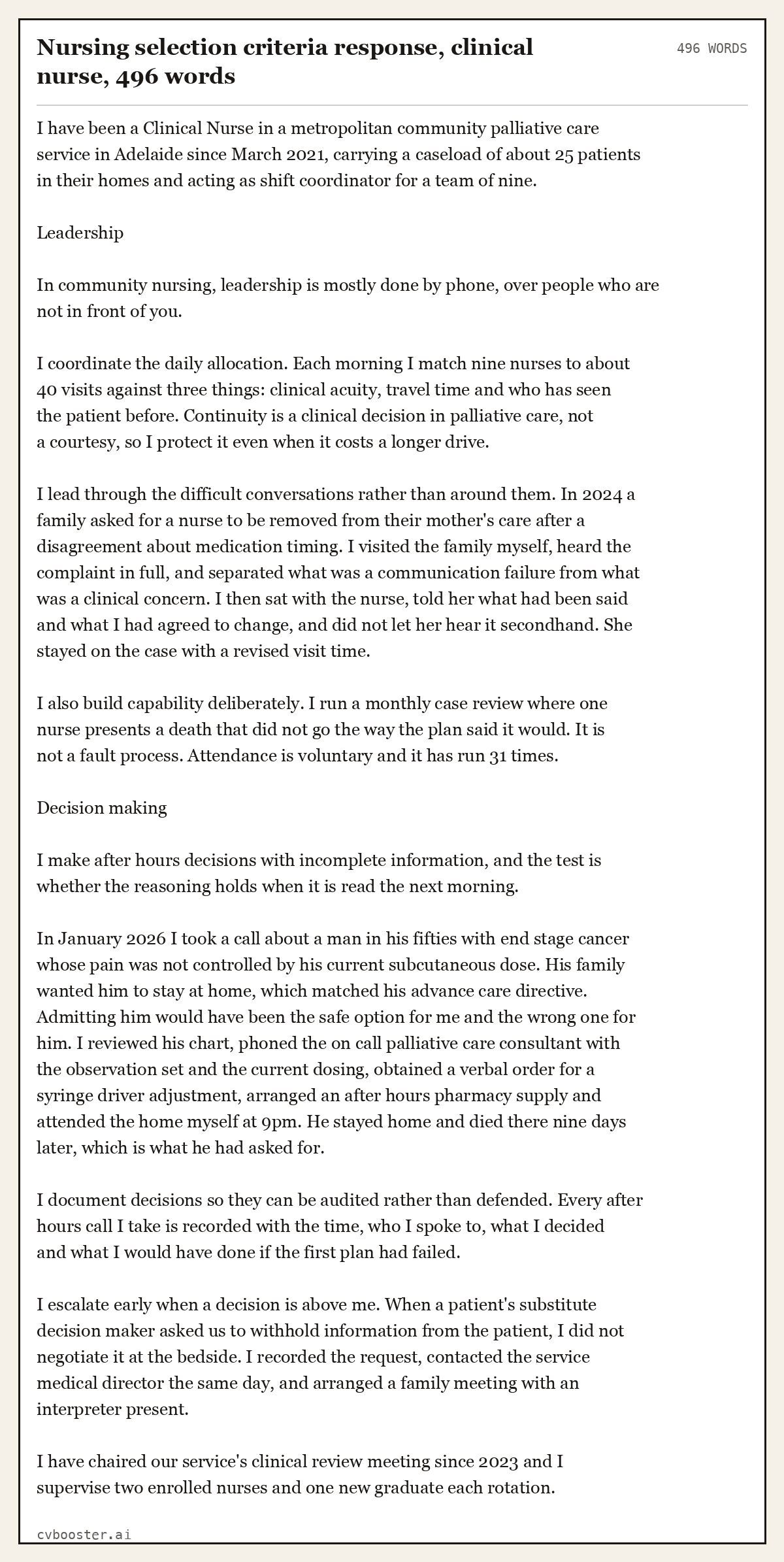 Complete Nursing selection criteria response, clinical nurse example, 496 words, laid out as it would sit in the application form