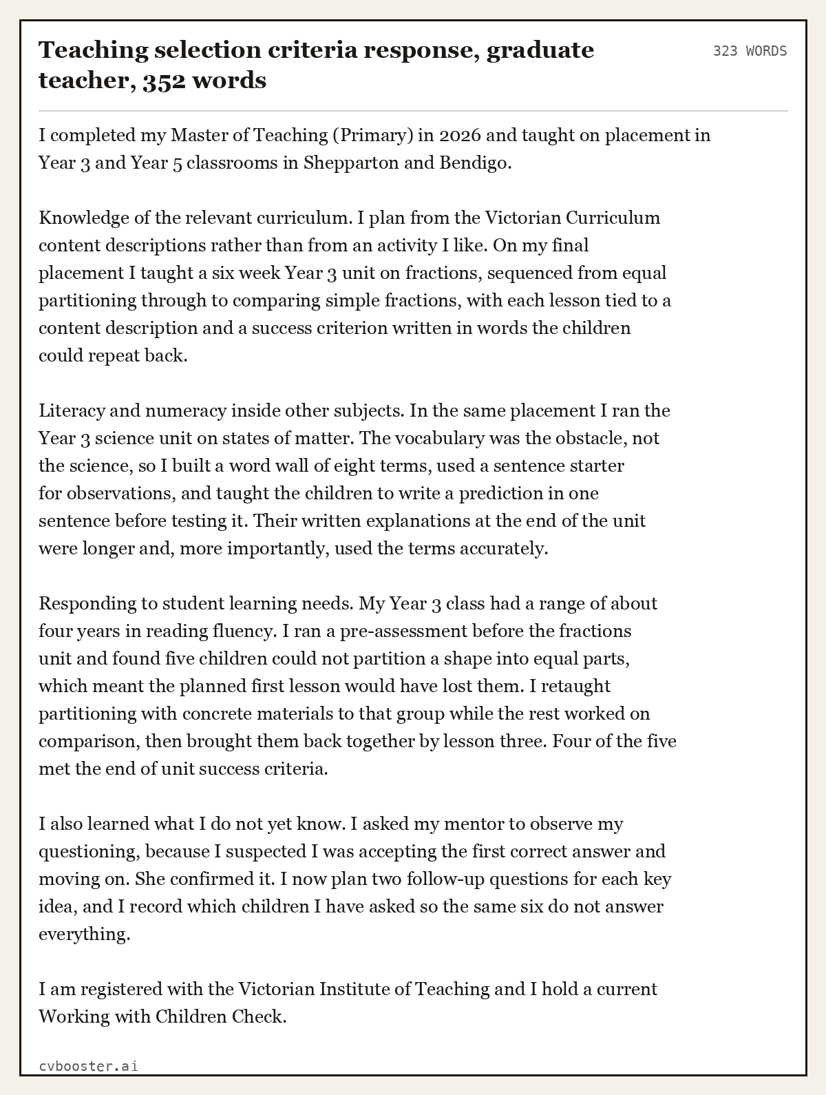 Complete Teaching selection criteria response, graduate teacher example, 323 words, laid out as it would sit in the application form