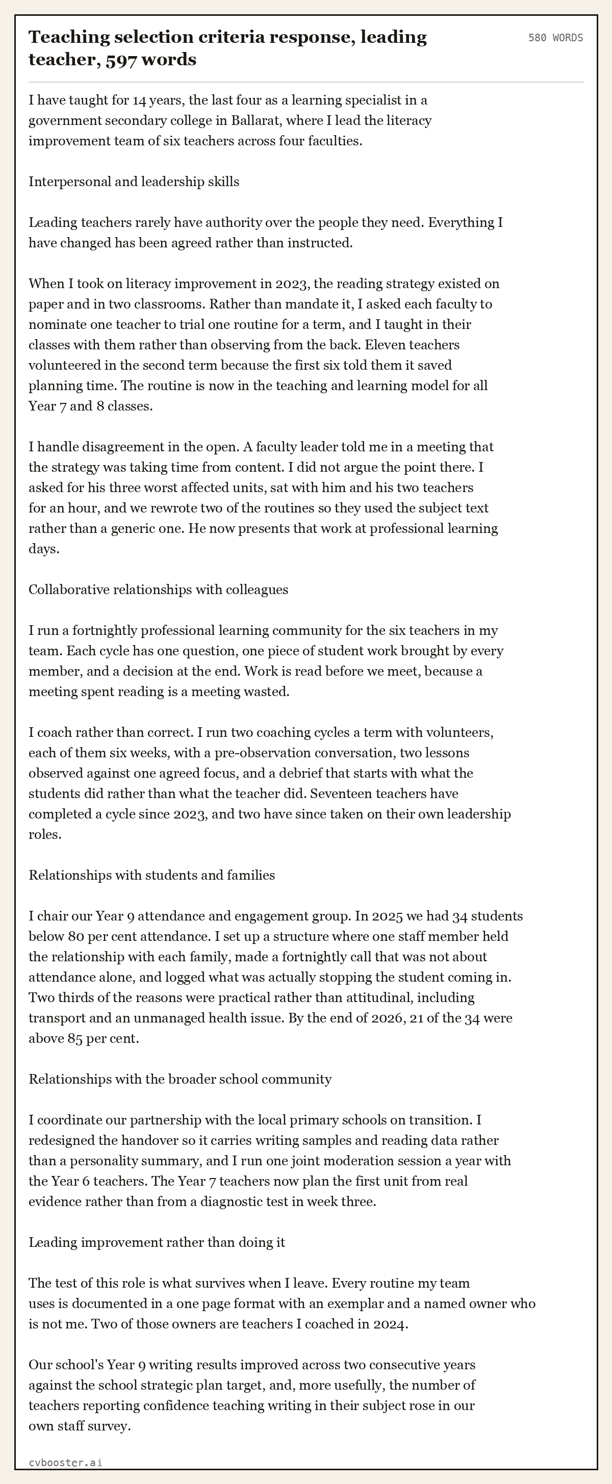 Complete Teaching selection criteria response, leading teacher example, 580 words, laid out as it would sit in the application form