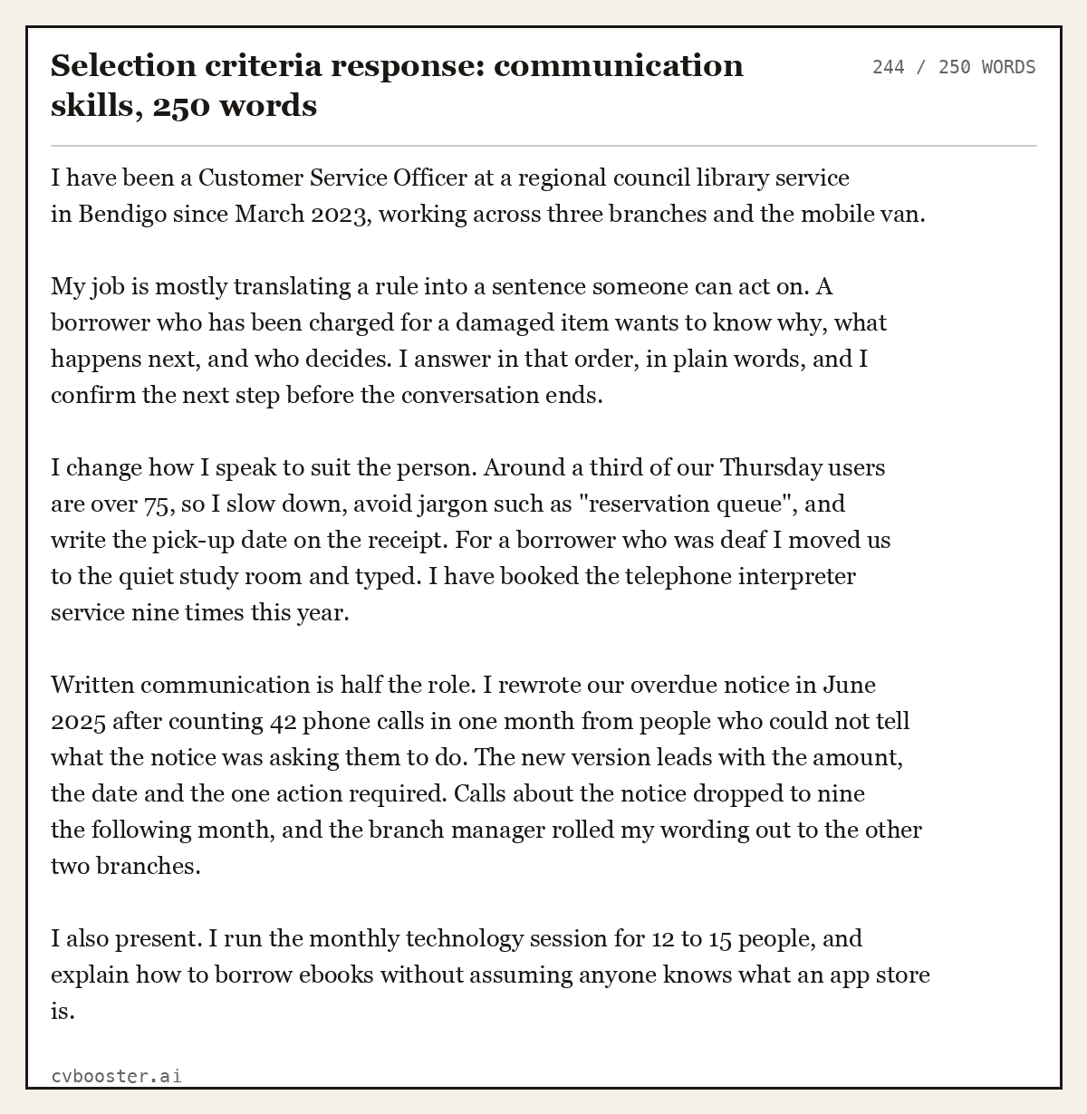 Complete Selection criteria response: communication skills example, 244 words, laid out as it would sit in the application form