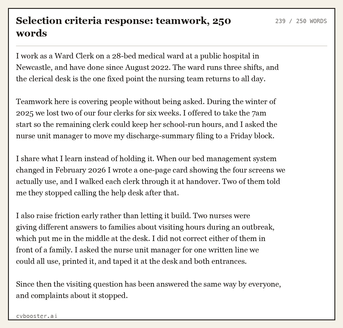 Complete Selection criteria response: teamwork example, 239 words, laid out as it would sit in the application form