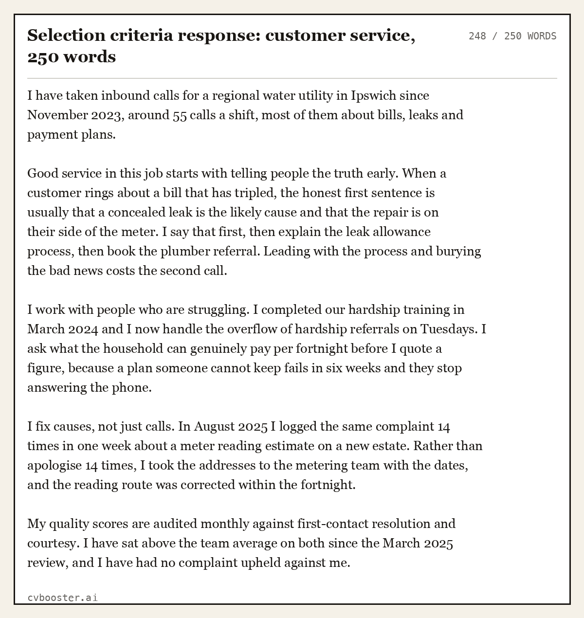Complete Selection criteria response: customer service example, 248 words, laid out as it would sit in the application form