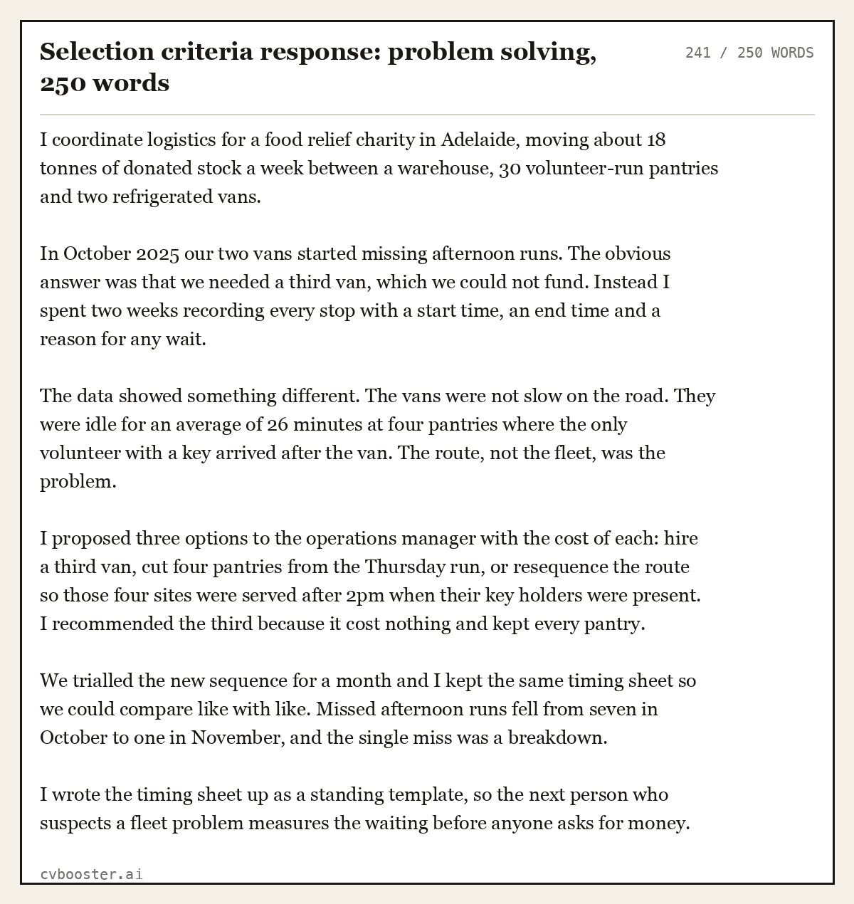 Complete Selection criteria response: problem solving example, 241 words, laid out as it would sit in the application form