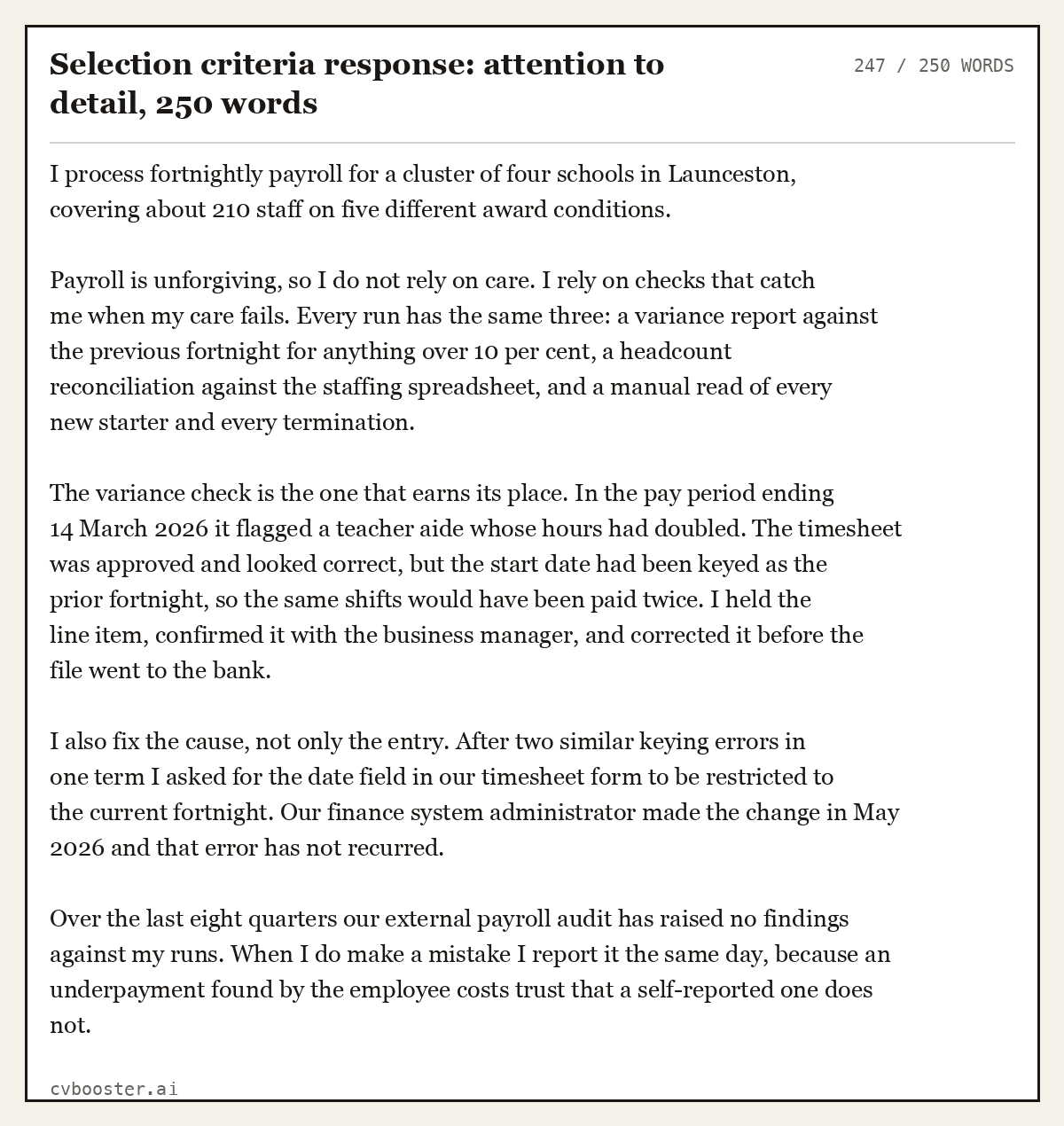 Complete Selection criteria response: attention to detail example, 247 words, laid out as it would sit in the application form