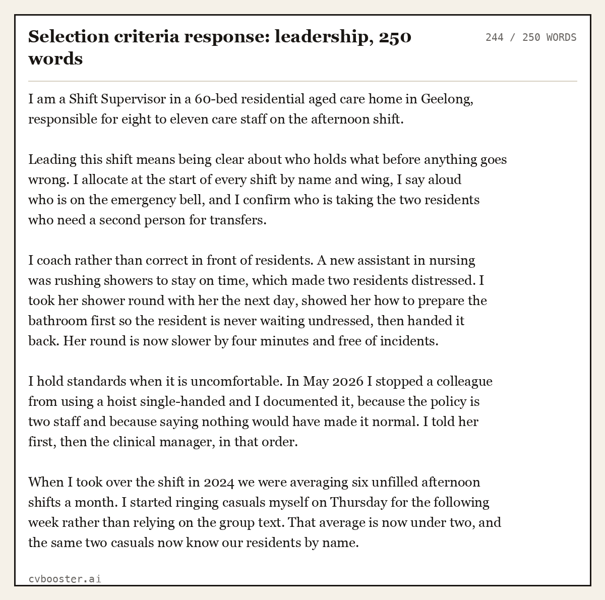Complete Selection criteria response: leadership example, 244 words, laid out as it would sit in the application form