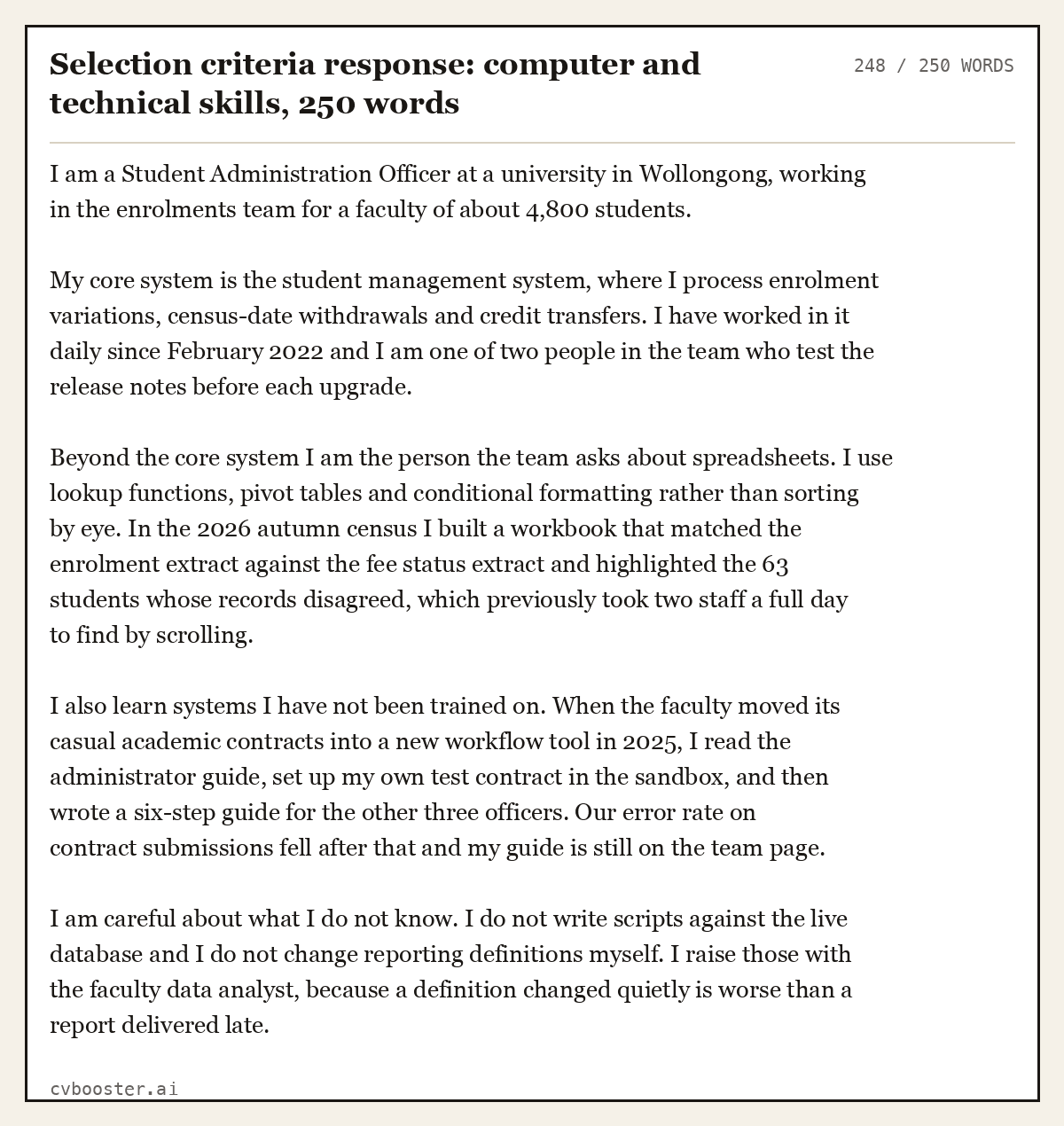 Complete Selection criteria response: computer and technical skills example, 248 words, laid out as it would sit in the application form