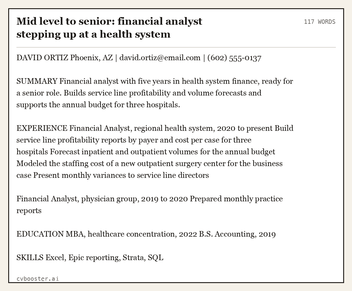 Complete Mid level to senior: financial analyst stepping up at a health system example, 117 words, laid out as it would sit in the application form