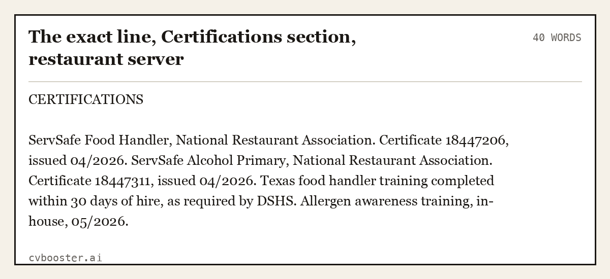 Complete The exact line, Certifications section, restaurant server example, 40 words, laid out as it would sit in the application form
