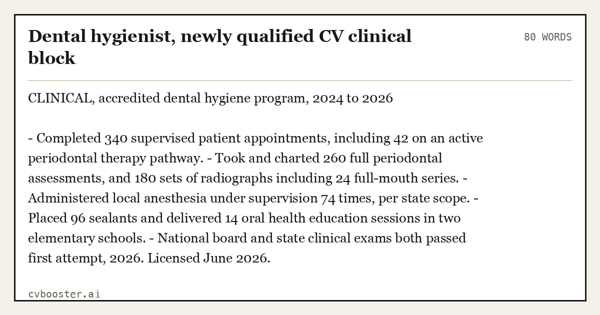 Complete Dental hygienist, newly qualified CV clinical block example, 80 words, laid out as it would sit in the application form
