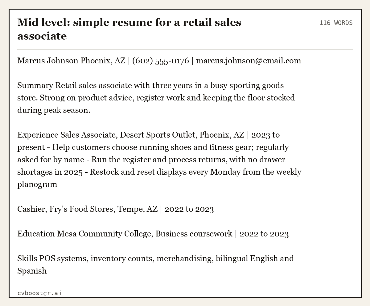 Mid level: simple resume for a retail sales associate, complete example, 116 words