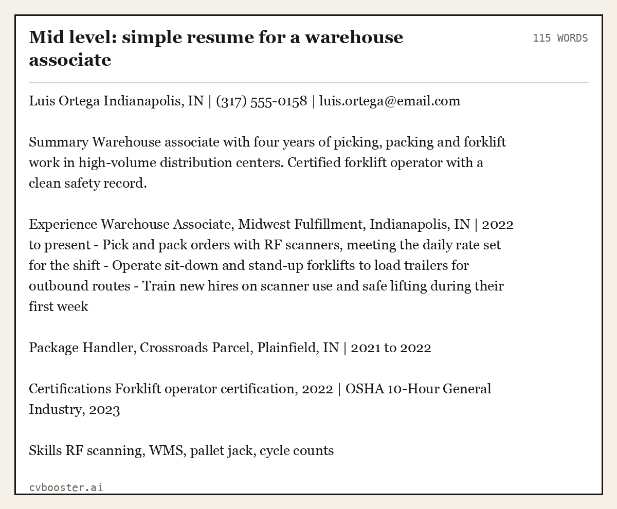 Mid level: simple resume for a warehouse associate, complete example, 115 words