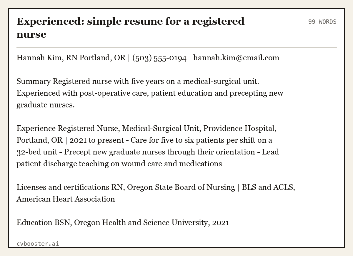 Experienced: simple resume for a registered nurse, complete example, 99 words