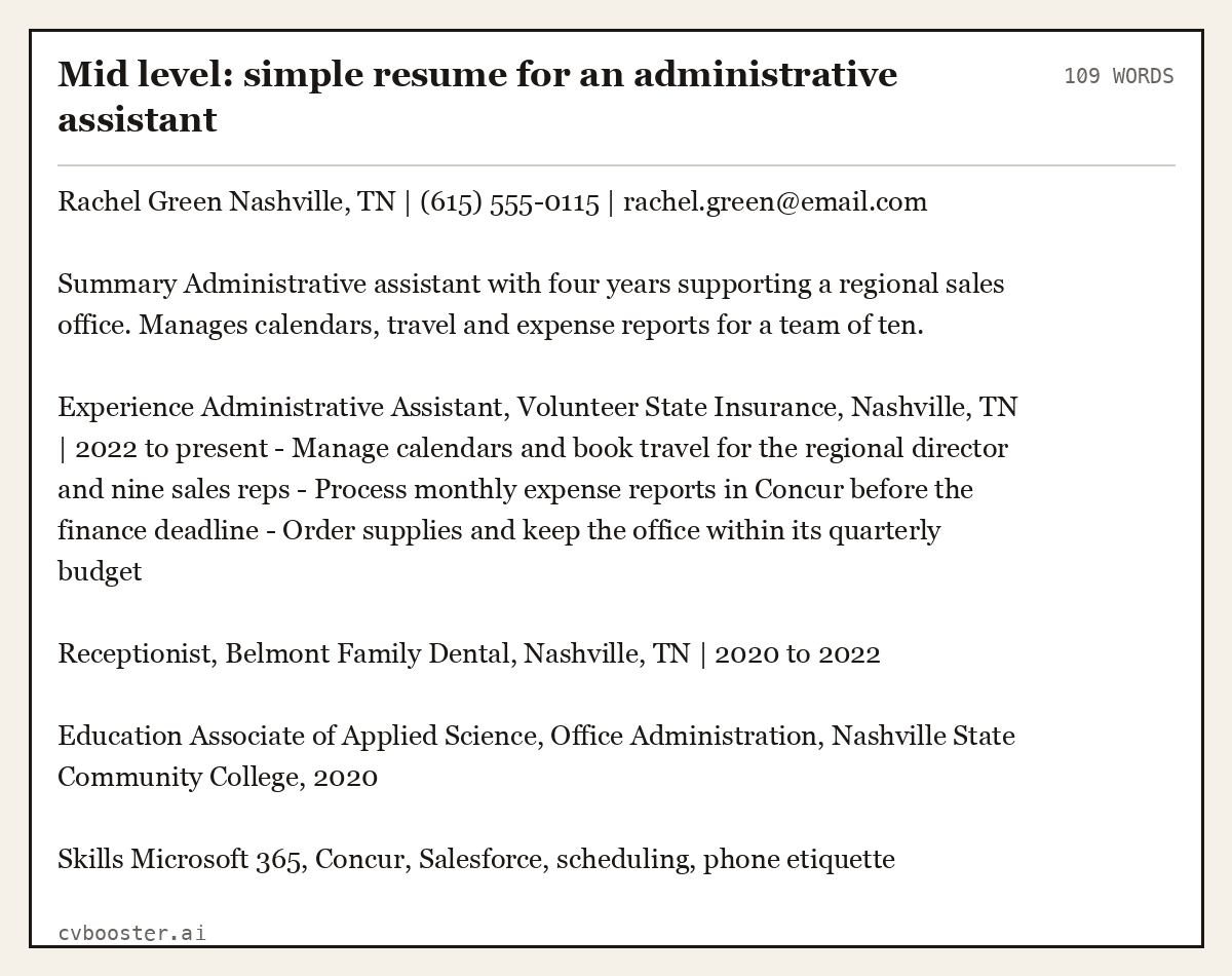 Mid level: simple resume for an administrative assistant, complete example, 109 words