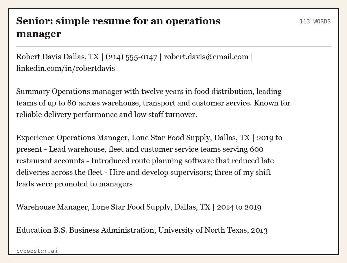 Complete Senior: simple resume for an operations manager example, 113 words, laid out as it would sit in the application form