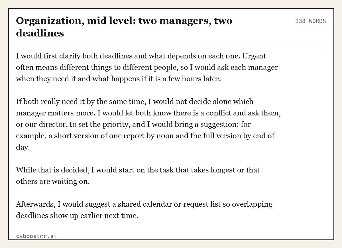 Complete Organization, mid level: two managers, two deadlines example, 138 words, laid out as it would sit in the application form