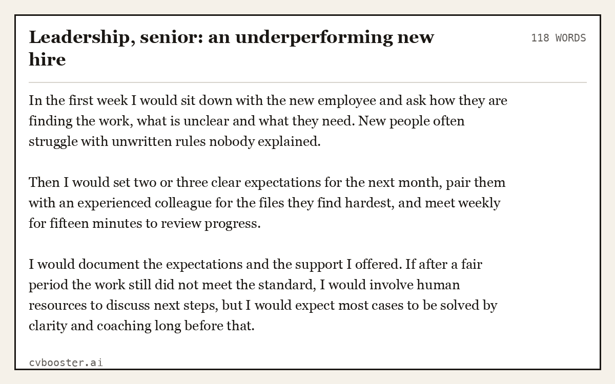 Complete Leadership, senior: an underperforming new hire example, 118 words, laid out as it would sit in the application form