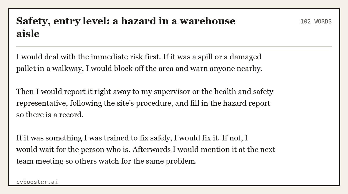 Complete Safety, entry level: a hazard in a warehouse aisle example, 102 words, laid out as it would sit in the application form