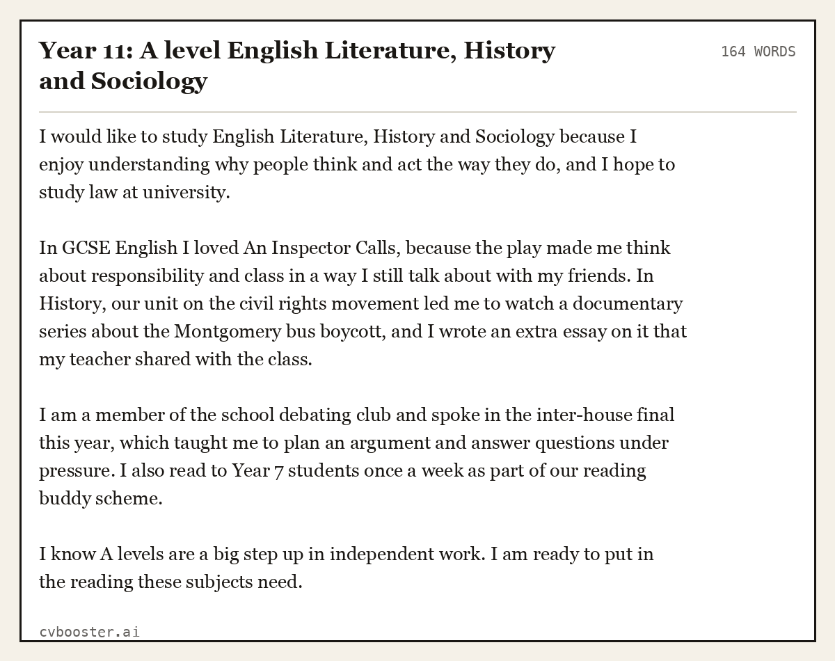 Complete Year 11: A level English Literature, History and Sociology example, 164 words, laid out as it would sit in the application form