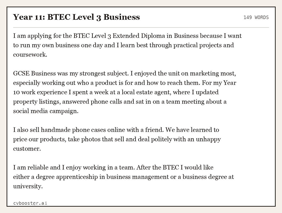 Complete Year 11: BTEC Level 3 Business example, 149 words, laid out as it would sit in the application form