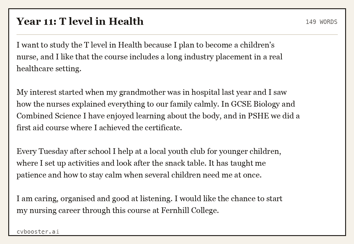 Complete Year 11: T level in Health example, 149 words, laid out as it would sit in the application form