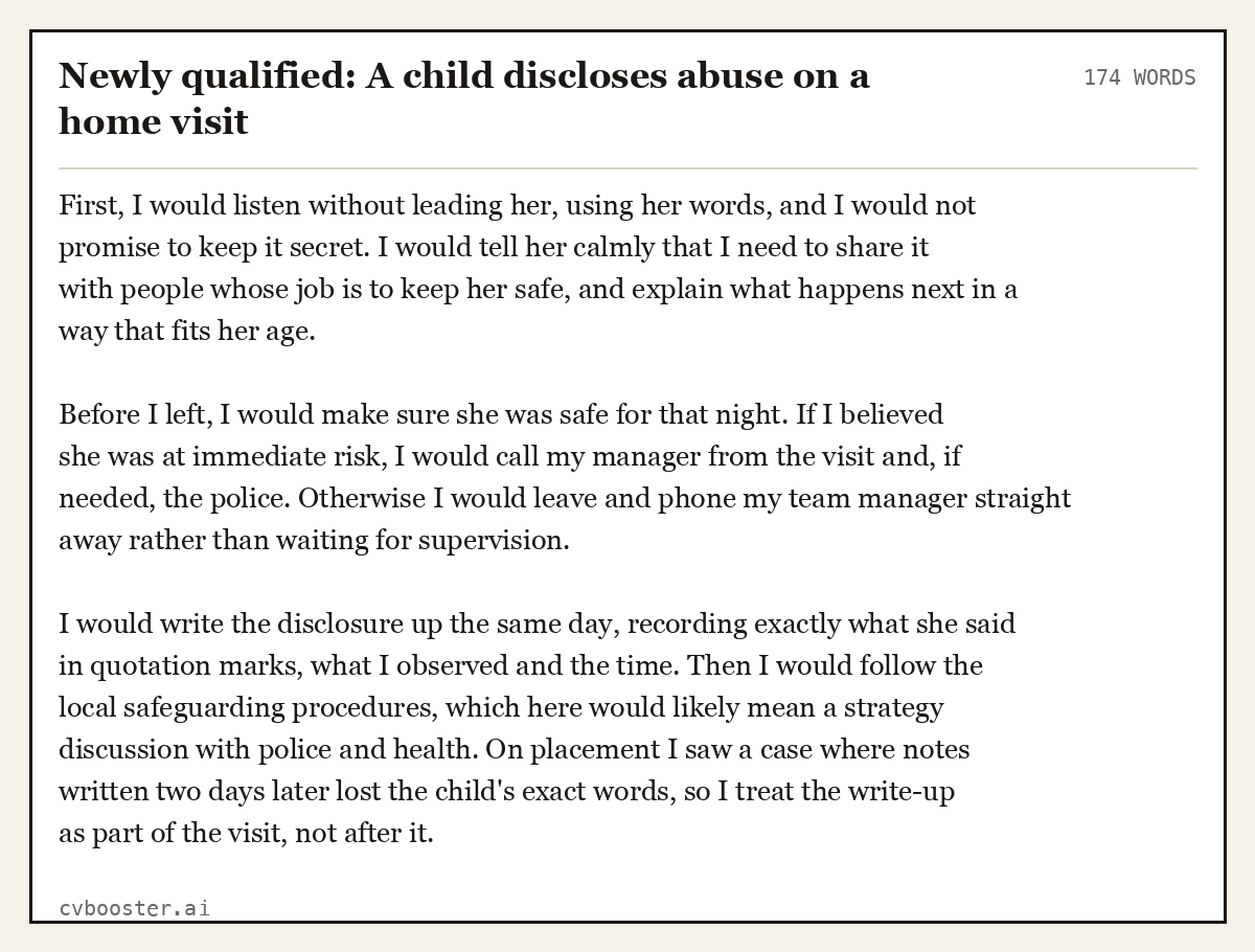 Complete Newly qualified: A child discloses abuse on a home visit example, 174 words, laid out as it would sit in the application form
