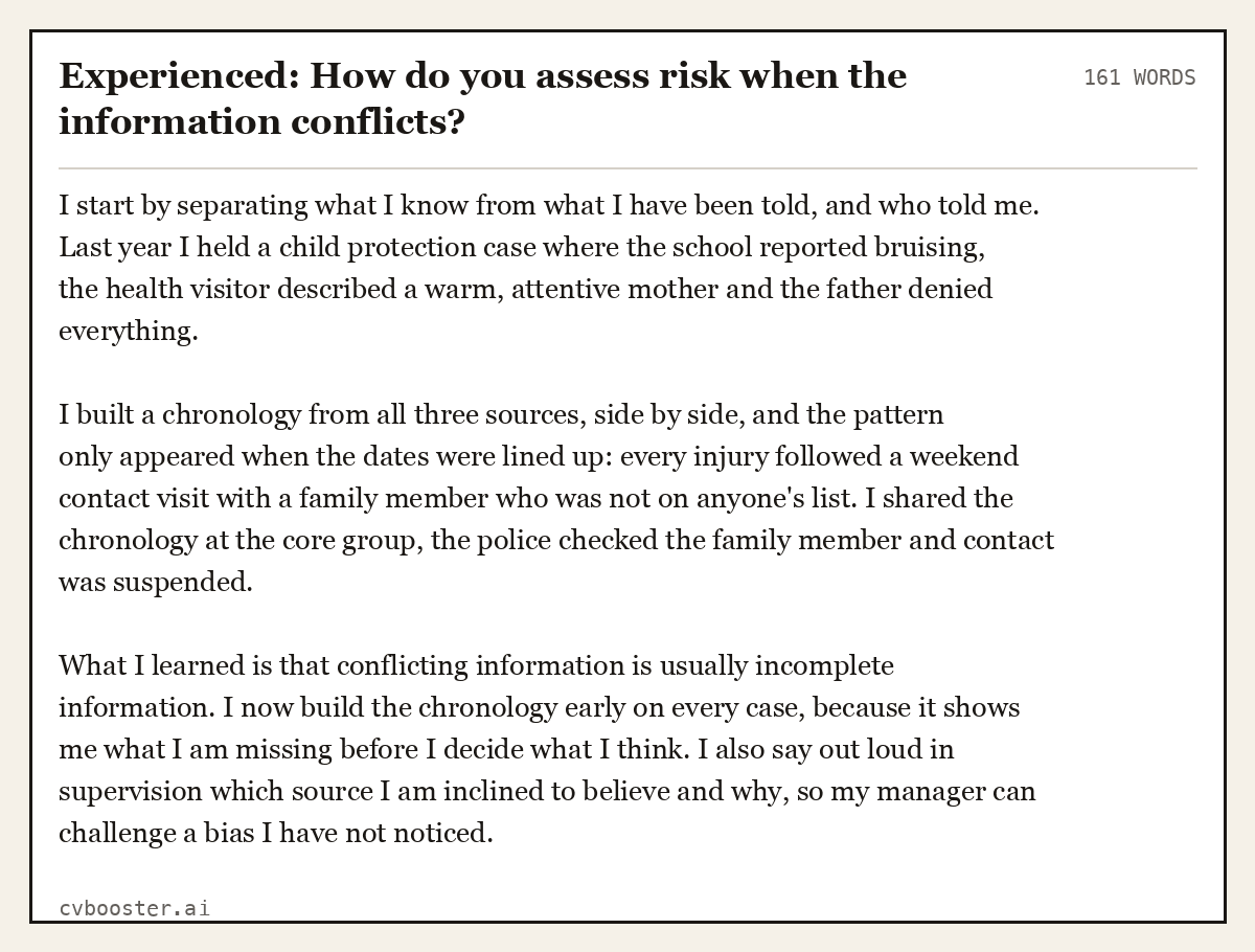 Complete Experienced: How do you assess risk when the information conflicts? example, 161 words, laid out as it would sit in the application form