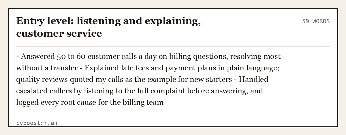 Complete Entry level: listening and explaining, customer service example, 59 words, laid out as it would sit in the application form