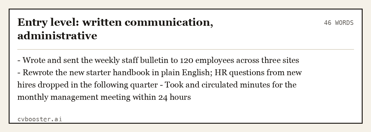 Complete Entry level: written communication, administrative example, 46 words, laid out as it would sit in the application form