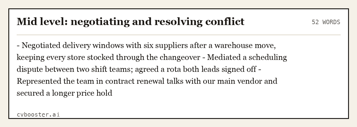 Complete Mid level: negotiating and resolving conflict example, 52 words, laid out as it would sit in the application form
