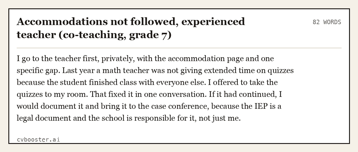 Complete Accommodations not followed, experienced teacher (co-teaching, grade 7) example, 82 words, laid out as it would sit in the application form