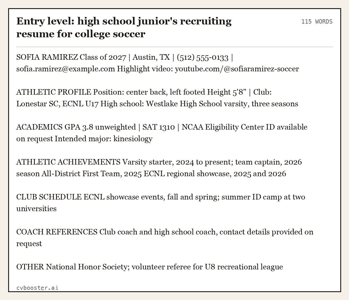 Complete Entry level: high school junior's recruiting resume for college soccer example, 115 words, laid out as it would sit in the application form