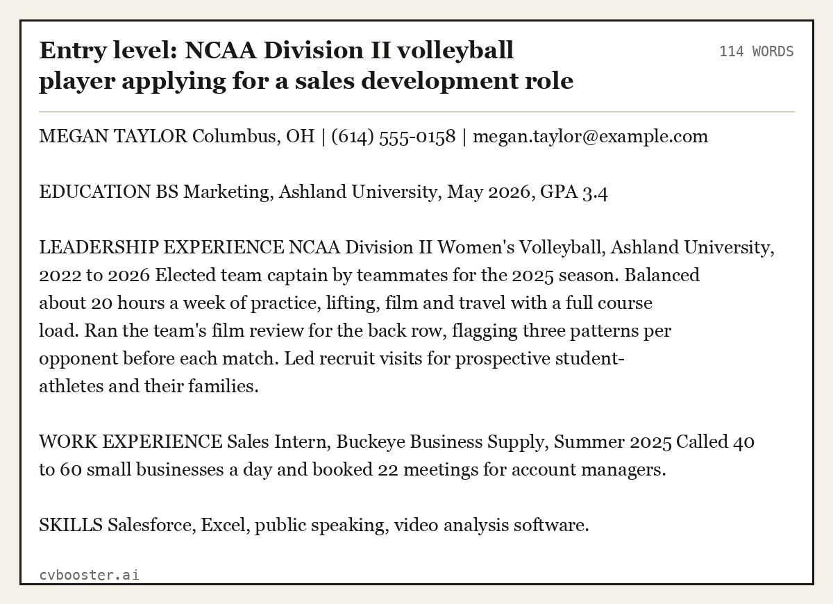 Complete Entry level: NCAA Division II volleyball player applying for a sales development role example, 114 words, laid out as it would sit in the application form