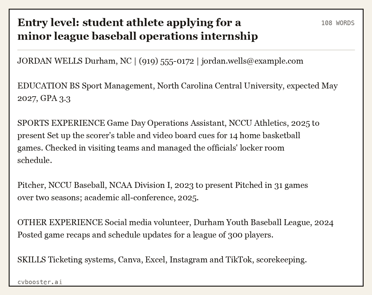 Complete Entry level: student athlete applying for a minor league baseball operations internship example, 108 words, laid out as it would sit in the application form