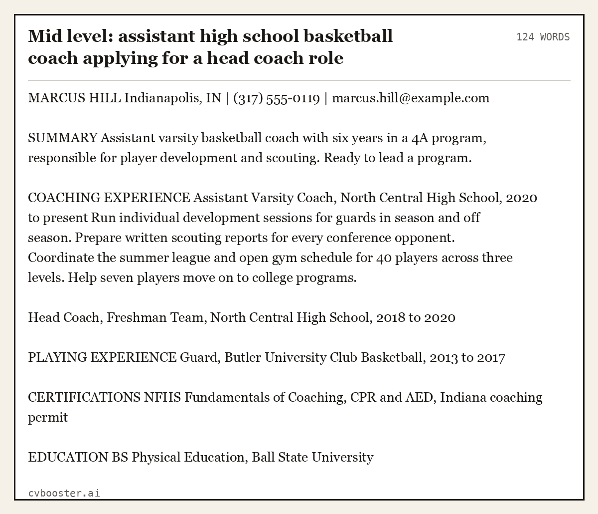 Complete Mid level: assistant high school basketball coach applying for a head coach role example, 124 words, laid out as it would sit in the application form