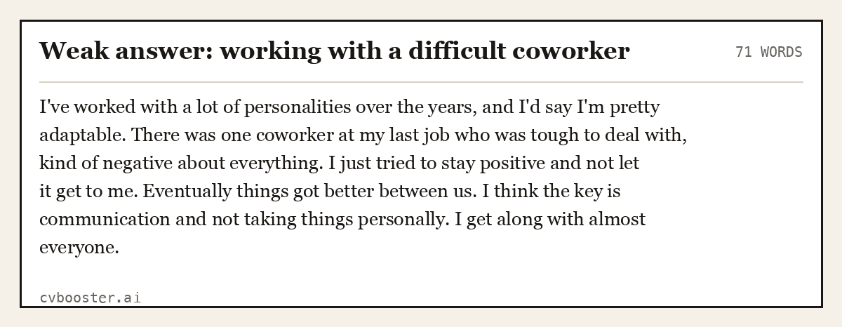 Complete Weak answer: working with a difficult coworker example, 71 words, laid out as it would sit in the application form