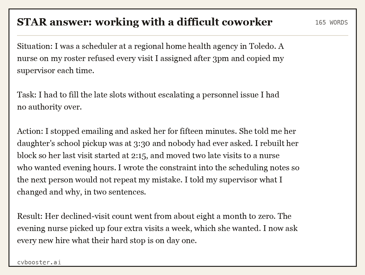 Complete STAR answer: working with a difficult coworker example, 165 words, laid out as it would sit in the application form