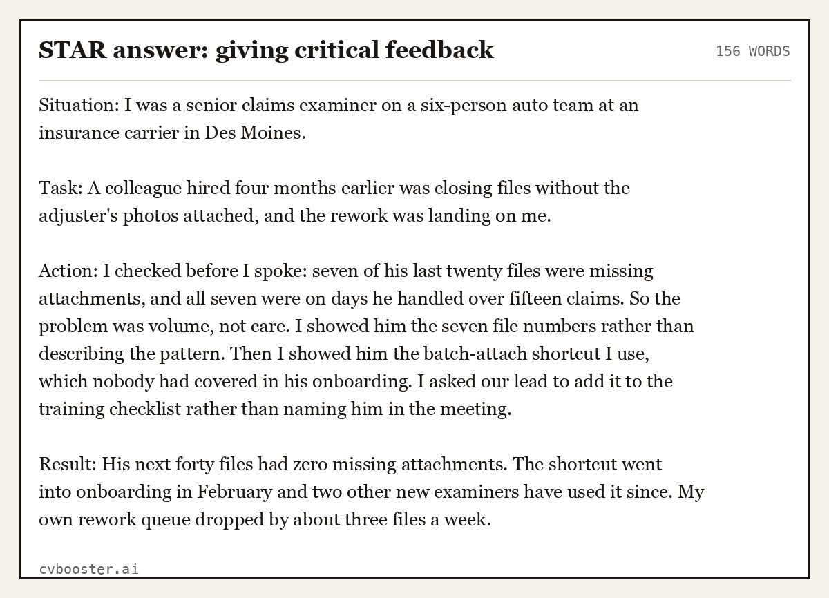 Complete STAR answer: giving critical feedback example, 156 words, laid out as it would sit in the application form