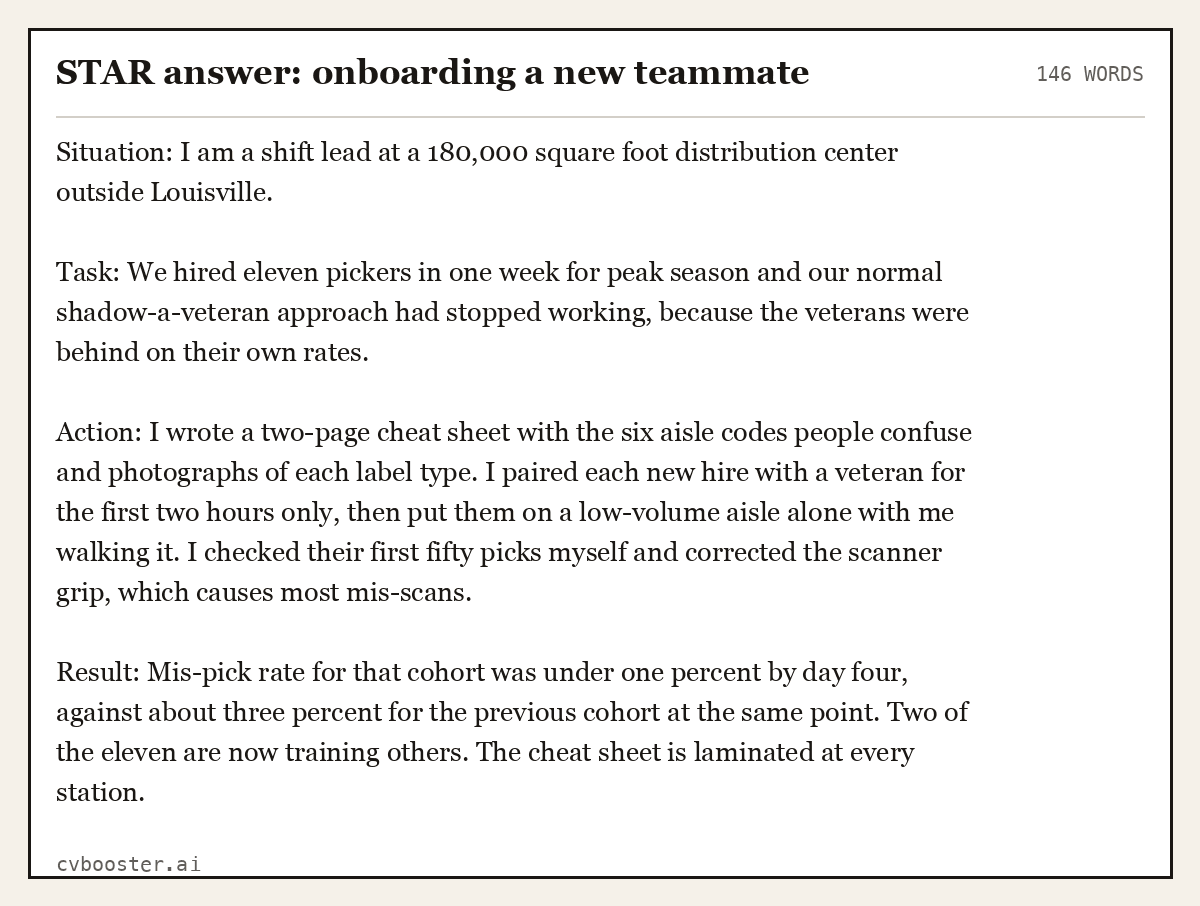 Complete STAR answer: onboarding a new teammate example, 146 words, laid out as it would sit in the application form