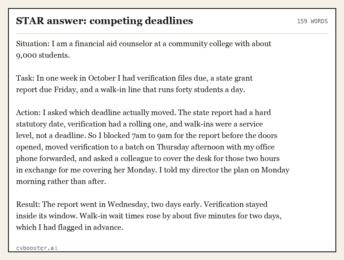 Complete STAR answer: competing deadlines example, 159 words, laid out as it would sit in the application form